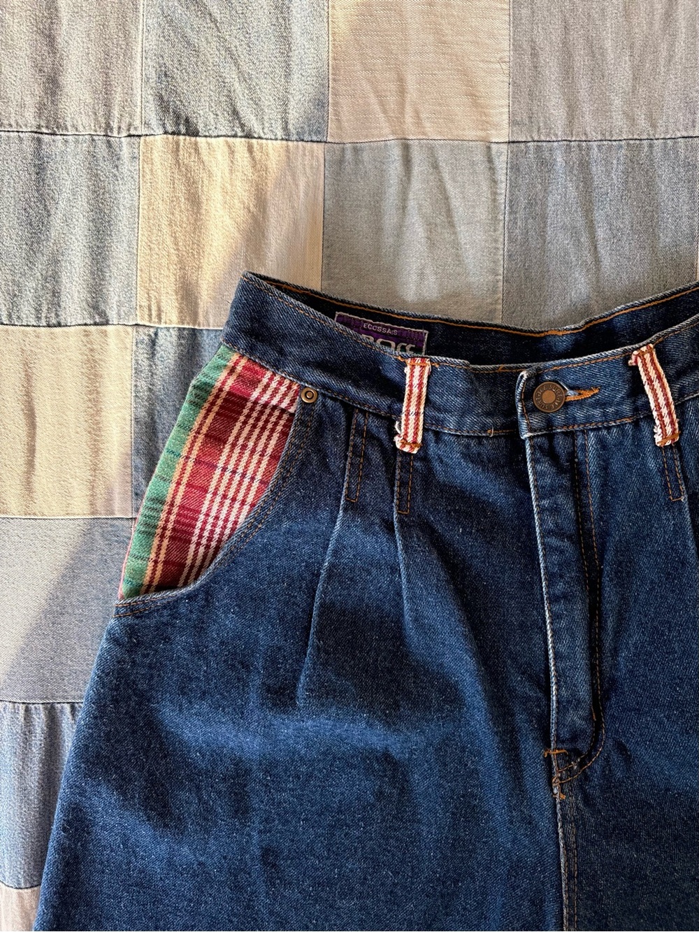 Vintage High Waisted Pleated Dark Wash Denims Shorts/Jorts with Plaid Details - Picture 3 of 5